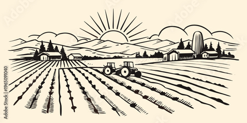 Vintage farm landscape with tractor and rising sun black and white silhouette