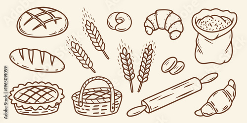 Bakery items and wheat sketches create a charming still life silhouette