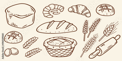 Hand drawn pastries breads and wheat with a rustic sketch silhouette