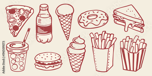 Various fast food items and desserts in a hand drawn silhouette