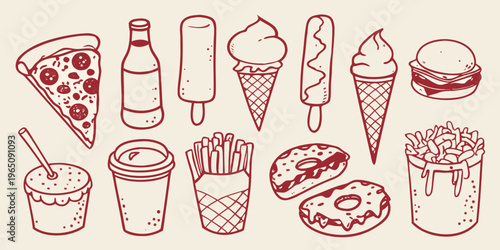 Hand drawn fast food and sweet treats in a red outline silhouette