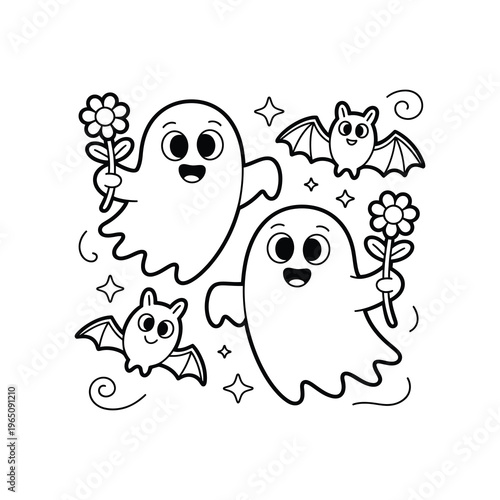 Two cute smiling ghosts with flowers and a small bat.