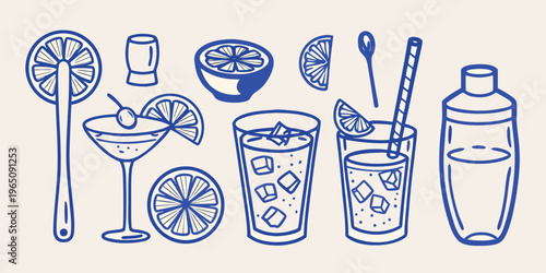Blue line art of cocktails citrus and bar tools a silhouette