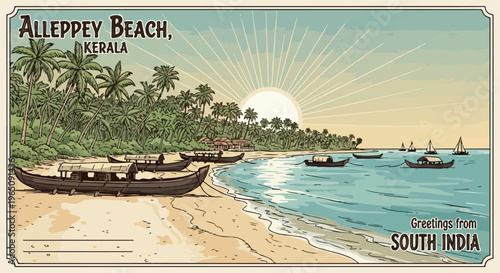 Postal de estilo vintage de la playa de Alleppey en Kerala, India, con botes tradicionales en la orilla y palmeras bajo un sol radiante.