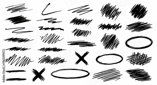 Colección de garabatos negros dibujados a mano con rotulador sobre fondo blanco, incluyendo círculos, cruces y trazos abstractos para diseño gráfico.