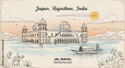 Ilustración de estilo vintage del palacio Jal Mahal en Jaipur, Rajasthan, India, con un bote en el agua y un camello en la orilla al atardecer.