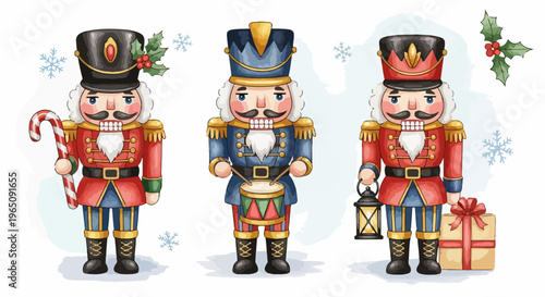 Colección de tres cascanueces navideños de estilo acuarela con bastón de caramelo, tambor y regalo sobre un fondo blanco con copos de nieve.