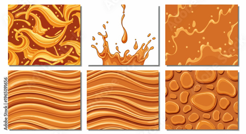 Colección de texturas e ilustraciones de caramelo líquido derretido con salpicaduras, ondas suaves y patrones abstractos de color ámbar.
