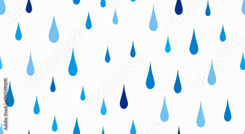 Patrón vectorial continuo de gotas de lluvia en varios tonos de azul sobre un fondo blanco limpio, ideal para diseño gráfico y fondos decorativos.