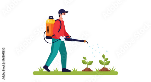 Illustration of a worker spraying pesticide on young plants with a backpack sprayer.