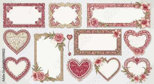 Colección de marcos vintage con formas de corazón y rectangulares adornados con rosas rosadas y lirios elegantes para invitaciones de boda.