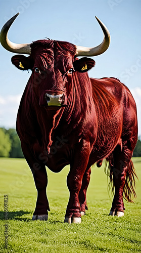 Huge Red Bull with Large Horns in Green Field