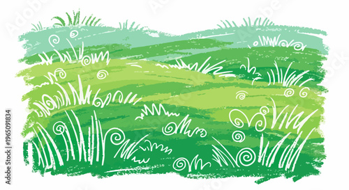 Ilustración artística de un campo verde con trazos de pincel y dibujos de hierba blanca con espirales decorativas sobre un fondo blanco limpio.