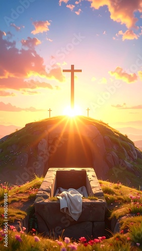 A serene landscape with a cross on a hill at sunrise