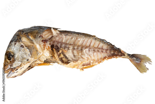 Fried mackerel carcasses on a white background