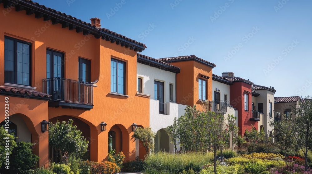 Fototapeta premium A row of colorful Mediterranean-style townhouses with lush gardens and a clear blue sky