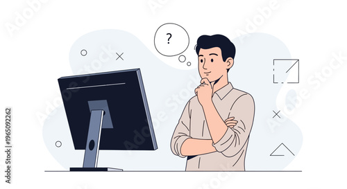 Man Thinking About Computer Problem, Question Mark Thought Bubble, Confusion, Technology Issue