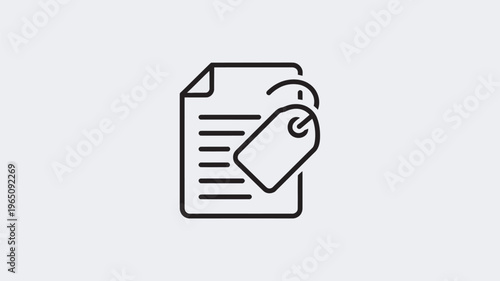 A clear outline icon illustrating a document with text lines, overlaid by a distinct price tag, representing concepts like invoicing, pricing, and contracts.