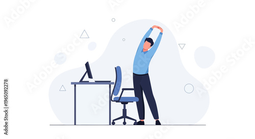 Man stretching at office desk, healthy lifestyle, ergonomic workspace, wellness break