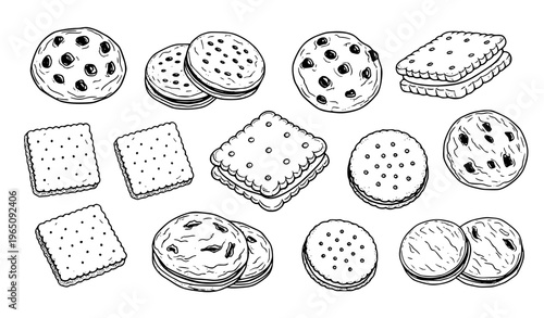 Hand drawn cookies biscuits and crackers outline vector set with assorted sweet and savory bakery snacks collection