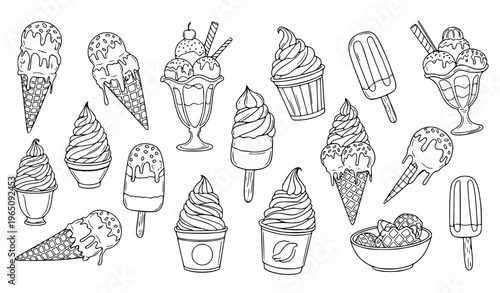 Sketch style ice cream desserts outline illustration with cones sundaes popsicles and frozen sweets collection