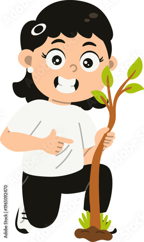 Happy Girl Holding Tree Seedling Ready to Plant