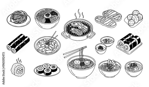 Hand drawn Korean food outline vector set with kimchi bibimbap bulgogi tteokbokki kimbap and traditional cuisine collection