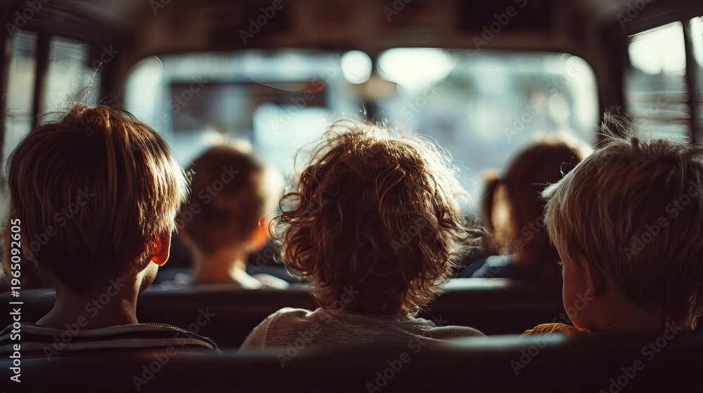 Naklejka premium Children seated inside school van from rear view, soft window light, no visible faces, student transportation scene