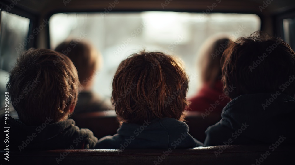 Fototapeta premium Children seated inside school van from rear view, soft window light, no visible faces, student transportation scene