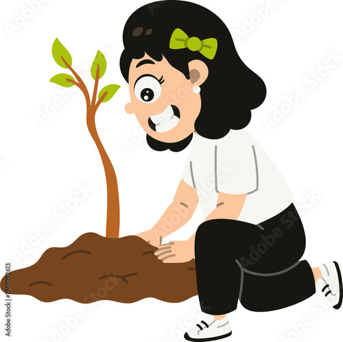 Anak Berlutut Saat Menanam Bibit Pohon