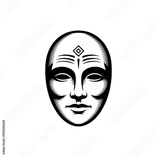 A serene mask illustration with a diamond design on its forehead