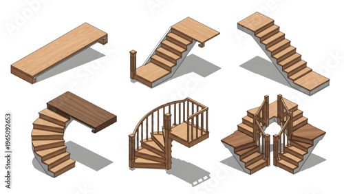 Isometric Wooden Staircase Cutaway 3D Vector Set with Soft Shadow – Architectural Interior Stairs Collection