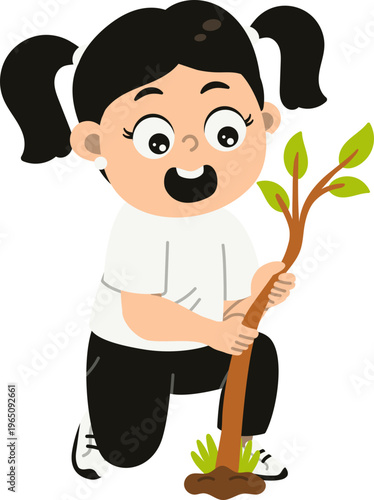 Happy Girl Holding Tree Seedling During Reforestation