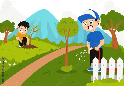 Anak-anak Menanam Pohon Bersama di Taman Alam