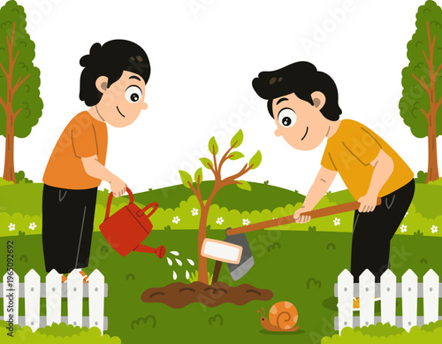 Two Kids Watering Tree Seedling in Park