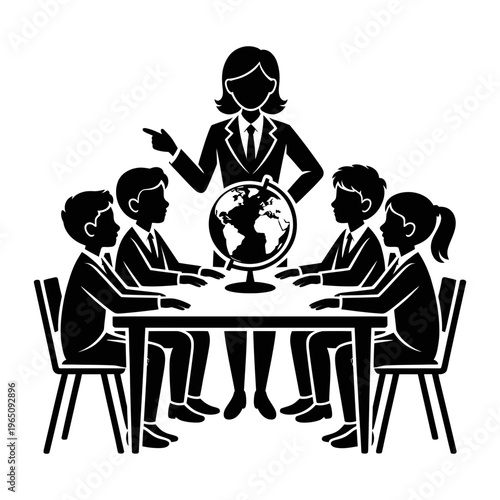 Teacher standing and pointing at globe with students sitting around table