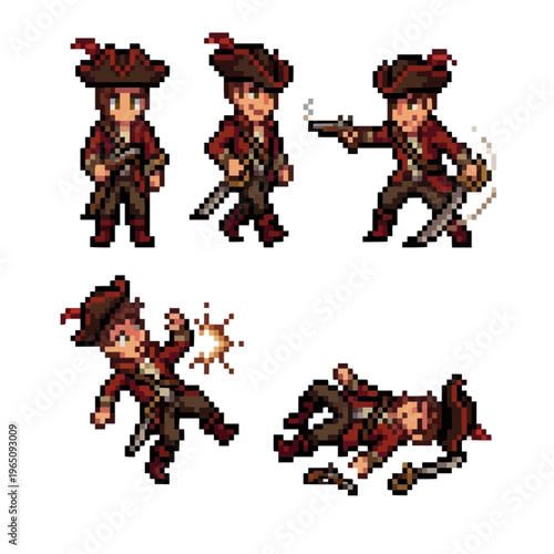 pixel art asset of a charismatic pirate captain in red clothing featuring shooting, sword fighting, and death animations.