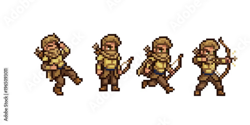 pixel art asset of a desert ranger or archer wearing a scarf and tan armor wielding a wooden bow.