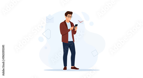 Young man in casual clothes using a smartphone with abstract shapes and icons in the background