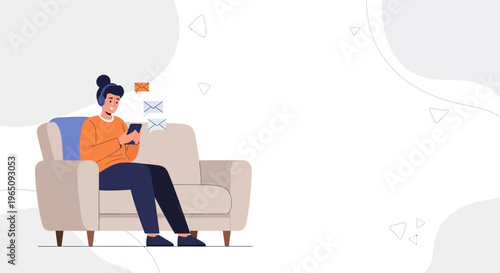Person with headphones using smartphone on sofa, receiving email notifications