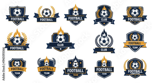 Collection of various football club logos with soccer balls and ribbons on a white background