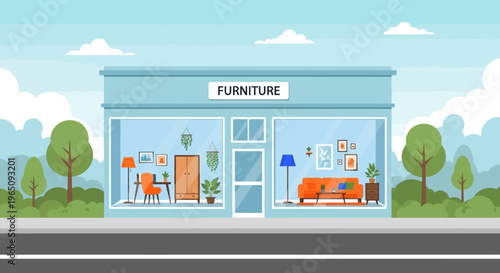 Illustration of a blue furniture storefront with a daytime setting and suburban background