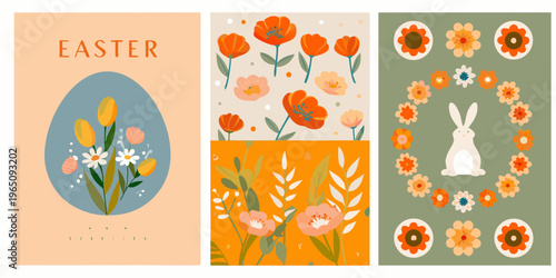 Three easter themed panels with floral designs and a rabbit silhouette