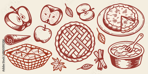 Autumn apples pies and cinnamon sticks in a hand drawn silhouette