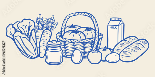 A blue line drawing of groceries and fresh produce silhouette