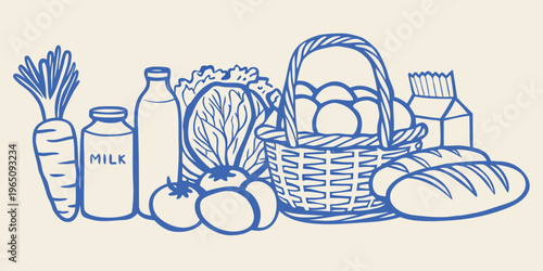 A collection of fresh groceries depicted in a blue outline silhouette