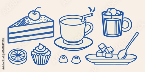 Dessert and beverage illustrations in a simple blue line art silhouette