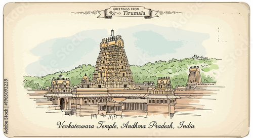 Cartolina vintage che illustra il maestoso Tempio di Venkateswara a Tirumala, Andhra Pradesh, India, con uno stile artistico a schizzo e acquerello.