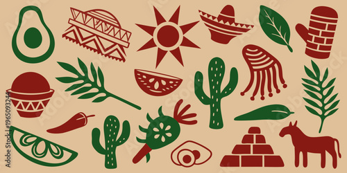 Mexican themed illustrations with vibrant colors and bold shapes silhouette