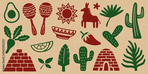A vibrant collection of mexican themed illustrations featuring a deer silhouette